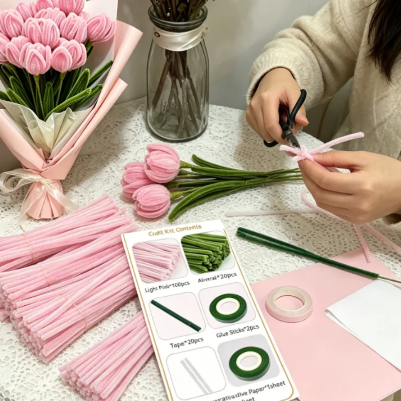 DIY Handmade Tulip Rose Bouquet Pipe Cleaner Craft Kit Full Accessories Chenille Stems for Beginner Adult Kid Holiday Present Su