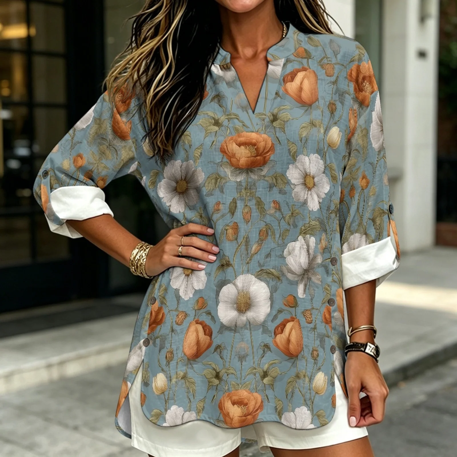 PENSTROLL Floral Vine Bloom Oversized V Neck Loose Fit Tunic Top for Vacation Linen Style Casual Dressy Shirts Sizes S-5XL