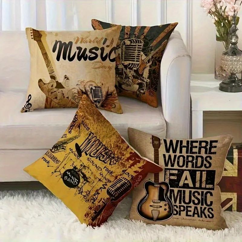 1pc 2D Flat (Pillow Not Included) Vintage Music Guitar Microphone Art Cushion Cover Short Plush Rock Band Decor Throw PillowCase