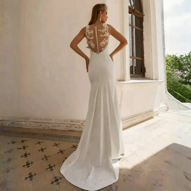 Simple Country Wedding dress Sheer neck Sexy Mermaid illusion covered button Bride dress Lace beaded gown Mary Bride dress