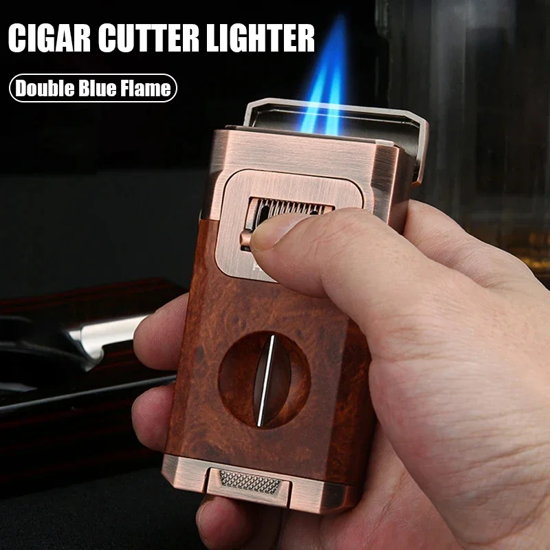 HONEST Portable Metal Outdoor Windproof Gas Lighter 360° Use Dual Flame Jet Cigar Special Lighter 24mm Cigar Cutter Men\'s Gift