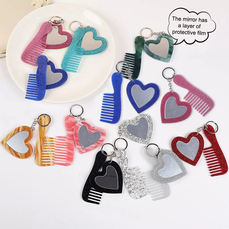 Fashionable Mini Comb Keychain With Heart Shape Makeup Mirror Handmade Creative Keyring Fashionable Key Ring Backpack Decoration