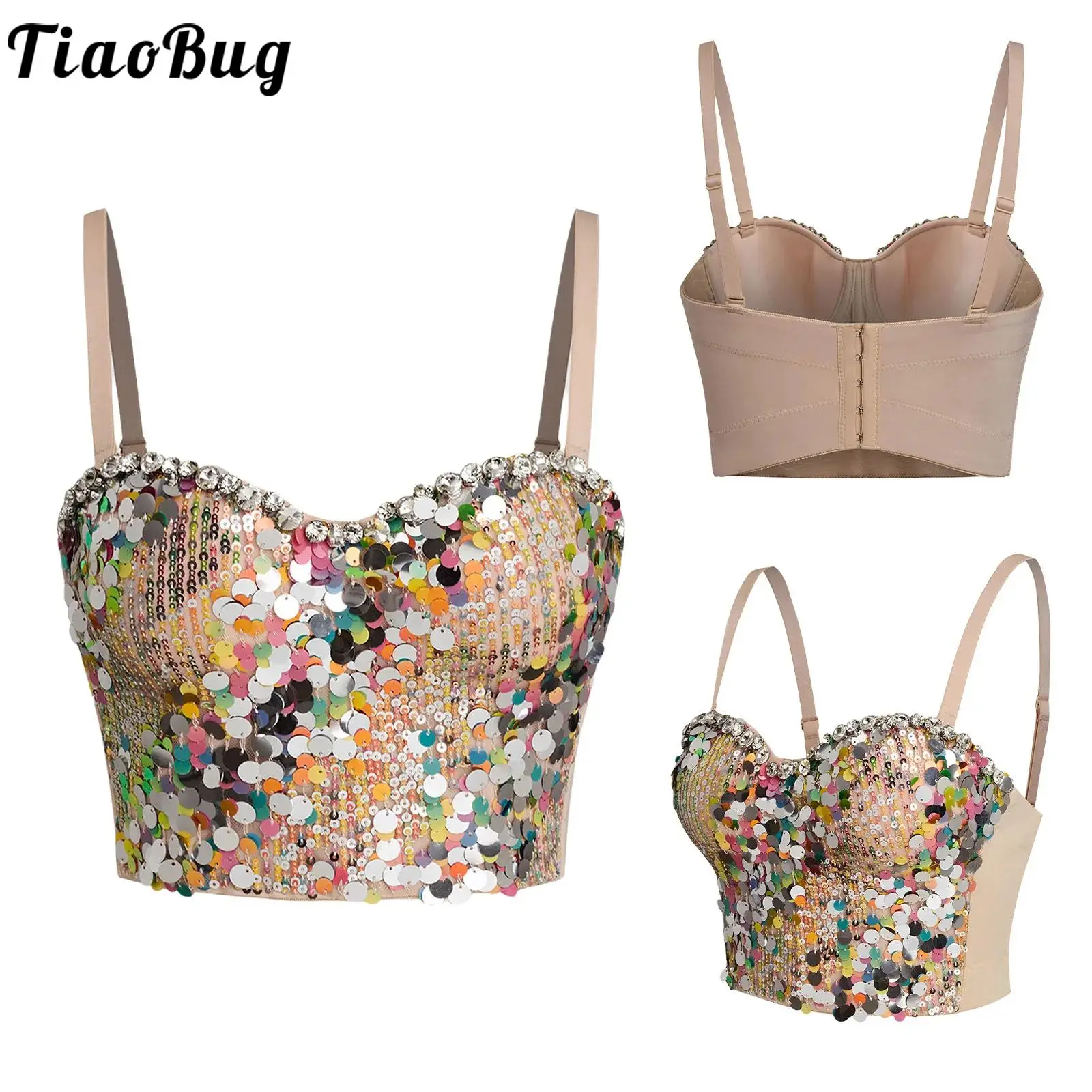 

34B-40C женский корсет с эффектом пуш-ап, бюстье с разноцветными блестками, блестящий укороченный бюстгальтер-бретелька, топы для рейв-клубной вечеринки, пляжная одежда