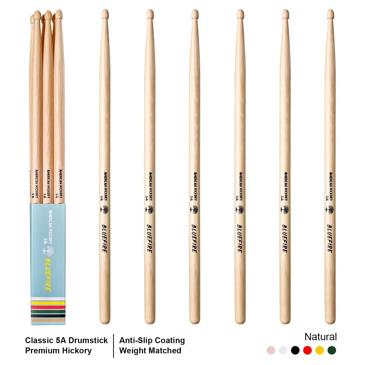 Bluefire 5A Drumsticks 3 Pairs – Premium Hickory Wood, Weight Matched Classic Series, Near-Identical Balance for Pros