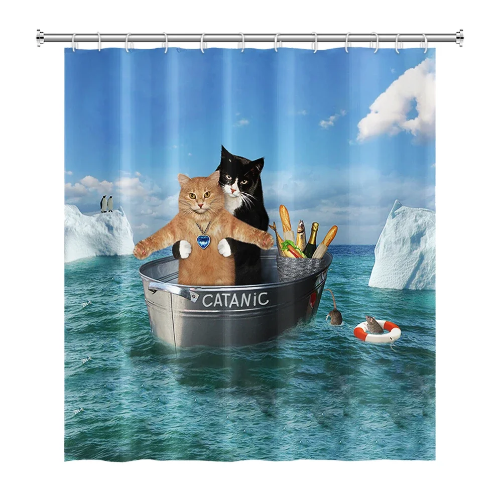 Funny Cat Shower Curtains Sea Waves Sharks Birds Fun Animals Ocean Landscape Fabric Bathroom Decor Children Bath Curtain Sets