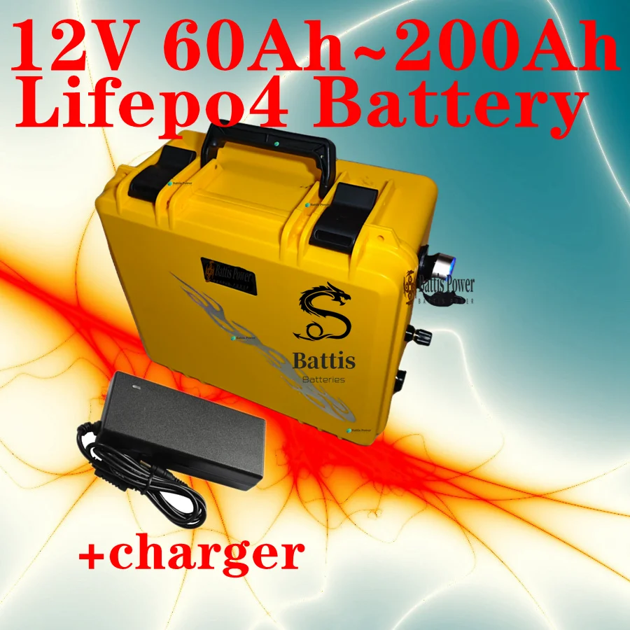Teswatts 12V Lifepo4 60Ah 80Ah 100Ah 120Ah 150Ah 180Ah 200Ah Batería Battis Amarillo + Cargador 10A