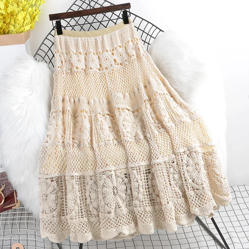 Vintage Bohemian Long Skirts Women Elastic Waist Slim Mid-Length Solid Color Wild Crochet Hollow Boho Beach Party Female Skirt