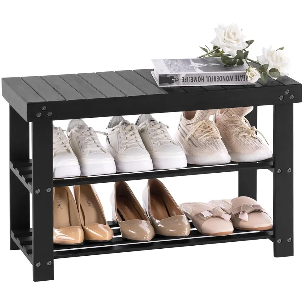 

Bamboo Shoe Ra For Entryway, 3-Tier Shoe Ra Bench For Front Door Entrance, Small Shoe Organizer With Storage, Black