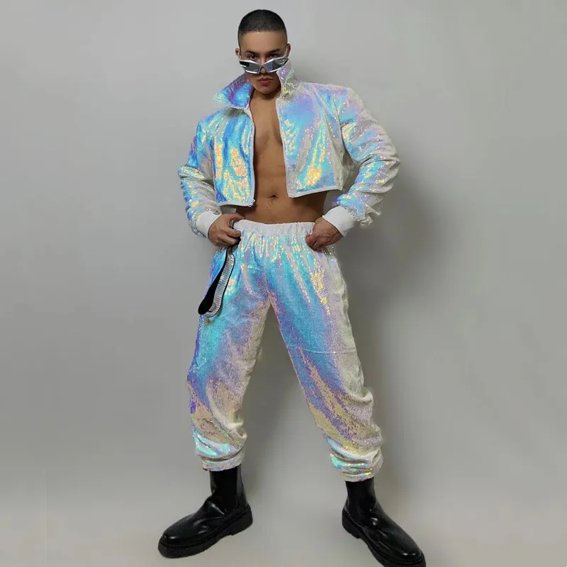 Fato de dança masculino, roupa de duas peças, tops de lantejoulas com glitter masculino, calças, bar, clube, festa, rave, bailarino, roupa de palco