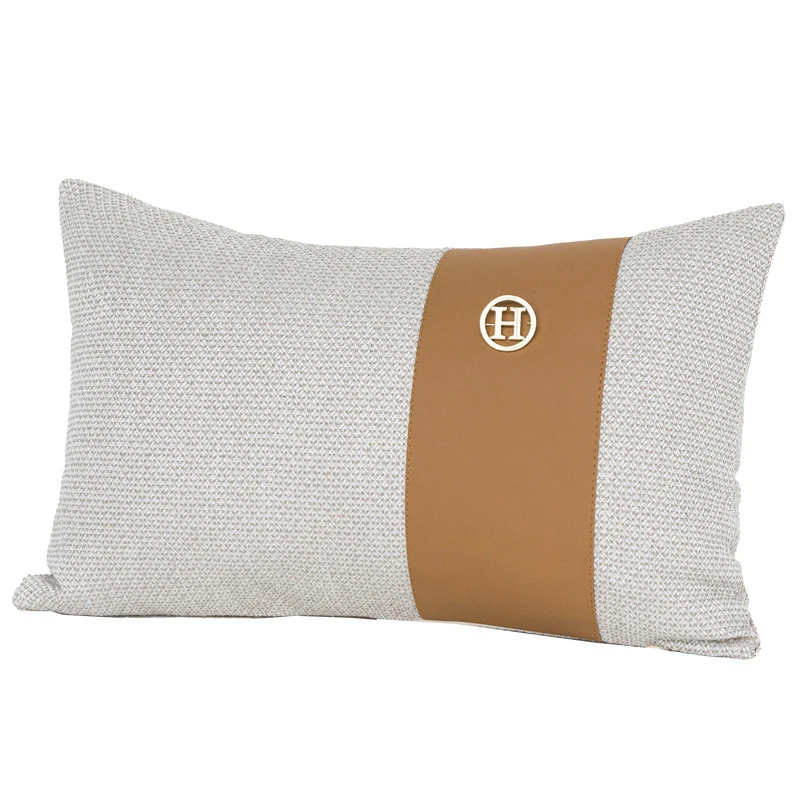 Croker Horse 30x50cm Thorw Lumbar Pillow Cushion Cover - Beige Cotton Linen Fabric Sofa Waist Pillow With H Letter Metal Buckle