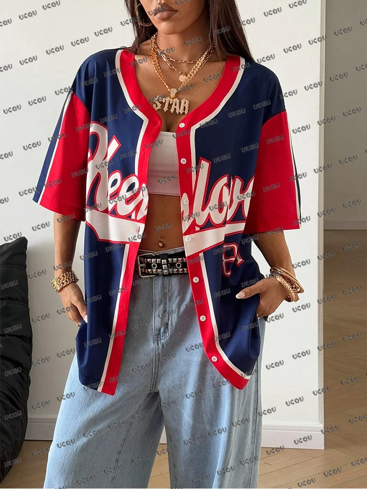 

Новинка лета 2024, ретро лоскутная блузка с буквенным принтом, женская уличная бейсбольная рубашка в стиле хип-хоп, топы на пуговицах с короткими рукавами