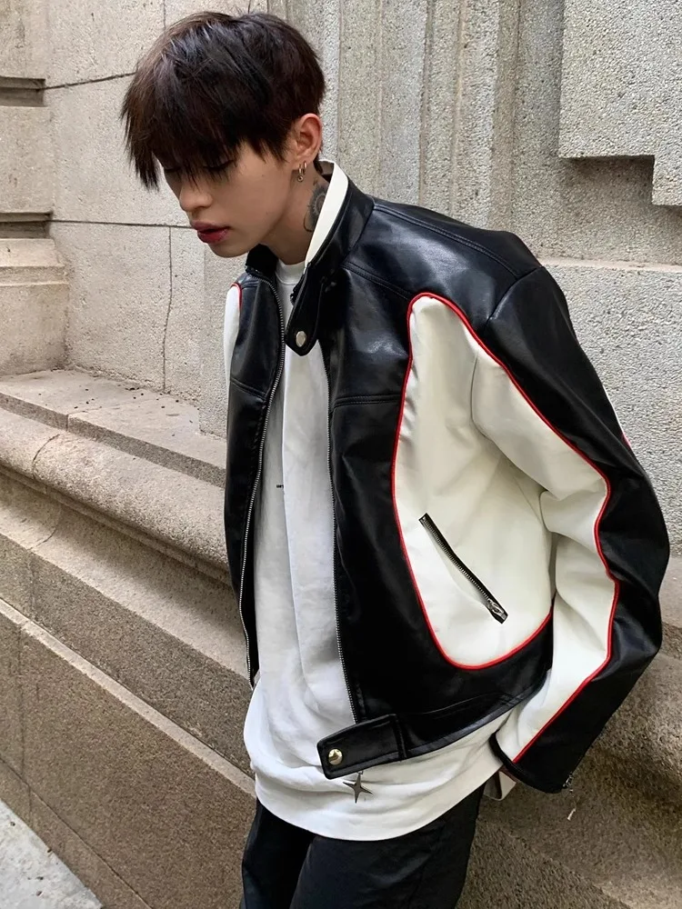 American Style Color Matching High-End Motorcycle Jackets Men 2025 Autumn New Loose Fit Stylish Coats Trendy PU Leather Jackets