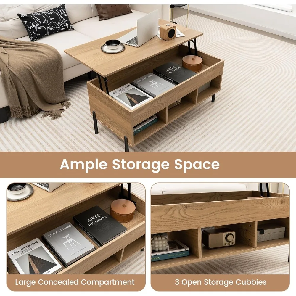 Lift Top Coffee Table - Rectangular Wooden Table w/Hidden Compartment & Open Storage Shelves, Convertible Lift-Top Console Table