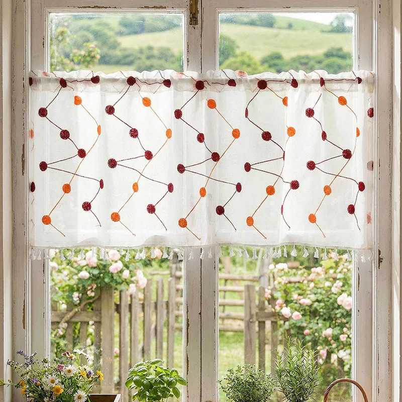 Window Valance Rural Polka Dot Embroidery Short Curtain Farmhouse White Valances with Tassel Rod Pocket for Kitchen Coffee Room