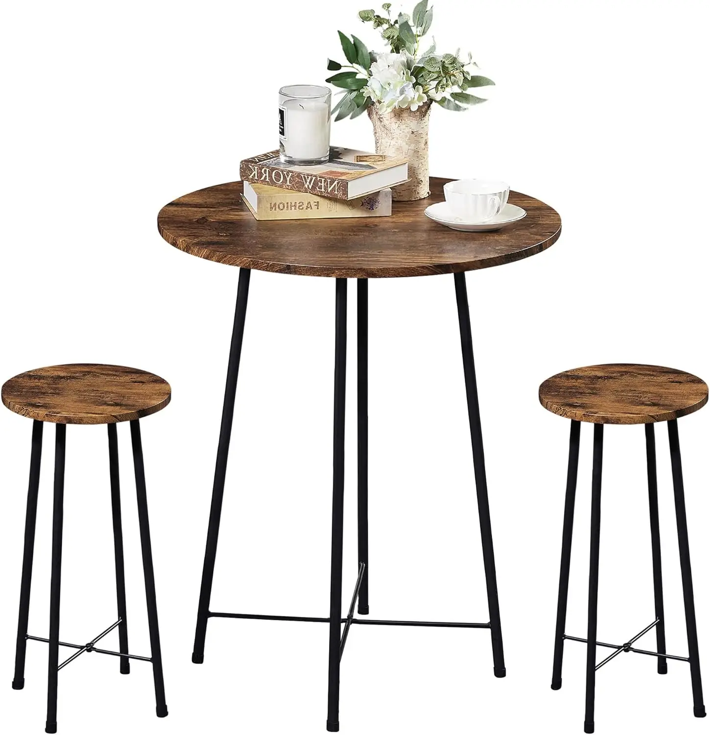 

Small Bar Table and Chairs, Round Bistro Sets with 2 barstools, 3-Piece Pub Dining Furniture, Counter Height Wood Top, Brown