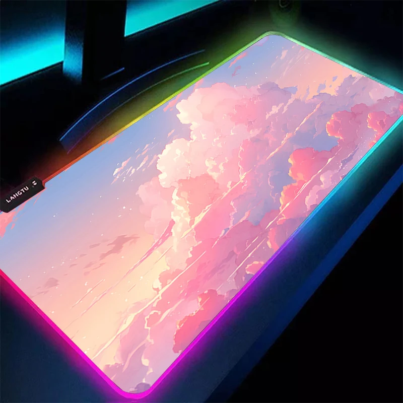 Alfombrilla LED para ratón, alfombra RGB para ordenador portátil, alfombrilla para teclado Kawaii, alfombrilla para ratón con nubes rosas, borde, borla blanca, alfombrilla de goma para escritorio extendida
