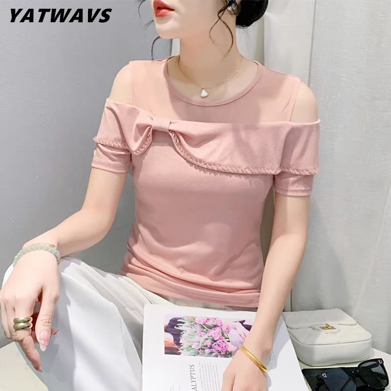 

New Arrival Summer T-shirt For Women's O-Neck Bow Beading Tops Sexy Girls Off Shoulder Short Sleeve Slim Tees Clothing 2024