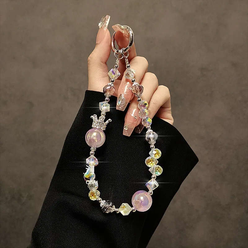 Crown Crystal Beaded Fashionable High-End Mobile Phone Chain Short Wrist Portable Keychain Ornament for Stylish Accessory