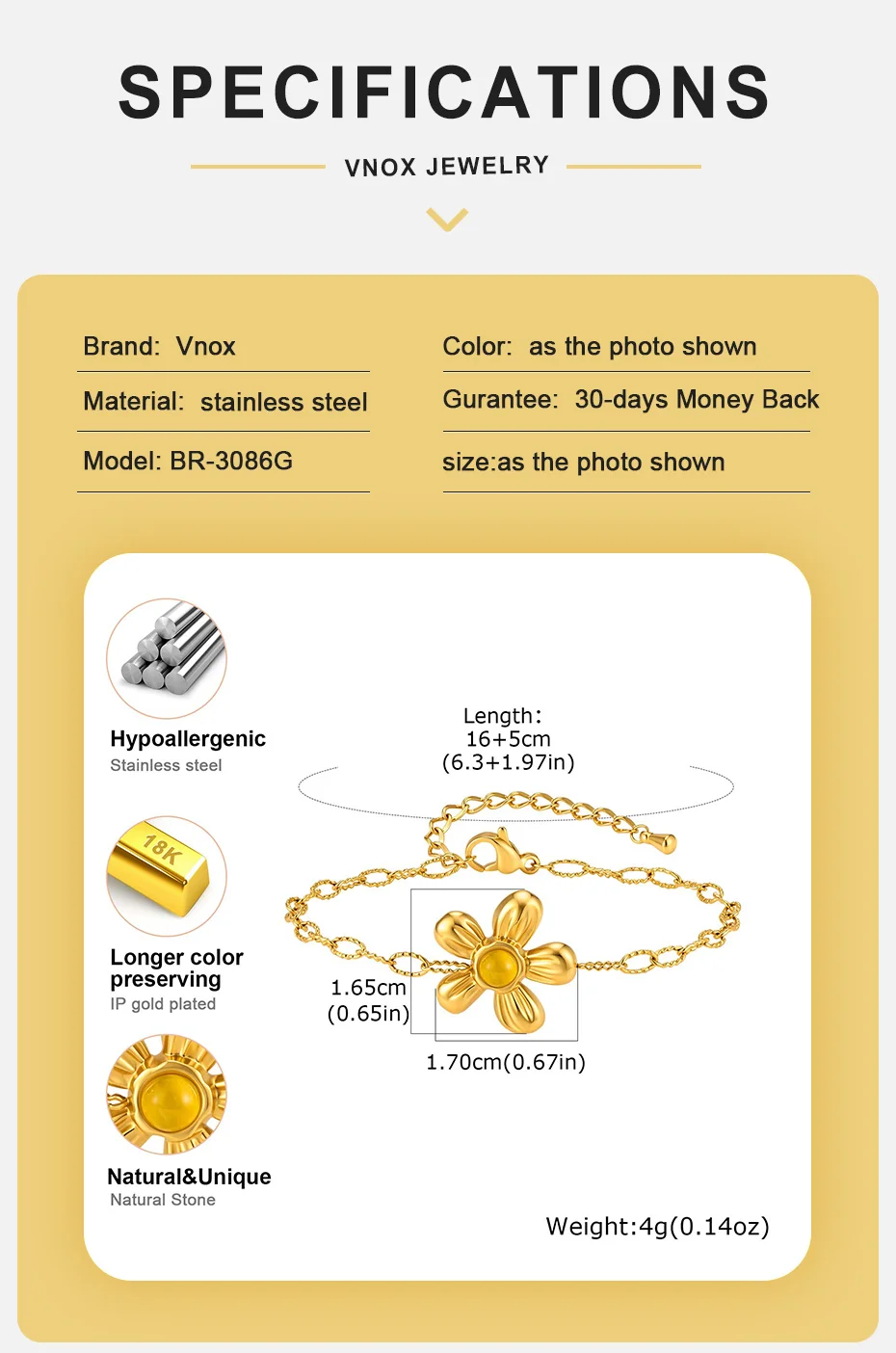 VNOX Minimalistisches 18K vergoldetes Blumenarmband für Frauen, trendiges gelbes Kristall-Blumenkettenarmband, Boho-Ästhetik-Schmuck – Detail 4