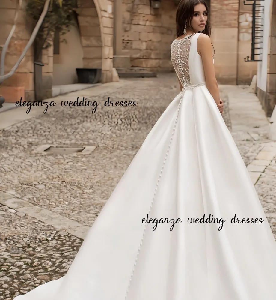 Customzie Elegant Wedding dress Satin Spoon-neck Sleeveless A-line dress for Women vestidos de novia 2025