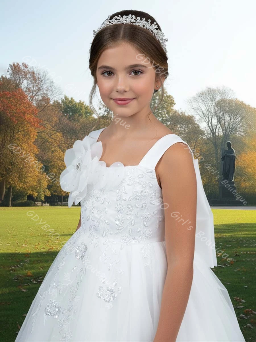 Witte prinses bloemenmeisje jurk kinderen bandjes lovertjes applicaties thee-lengte eerste communie jurk aangepaste bruiloft baljurk