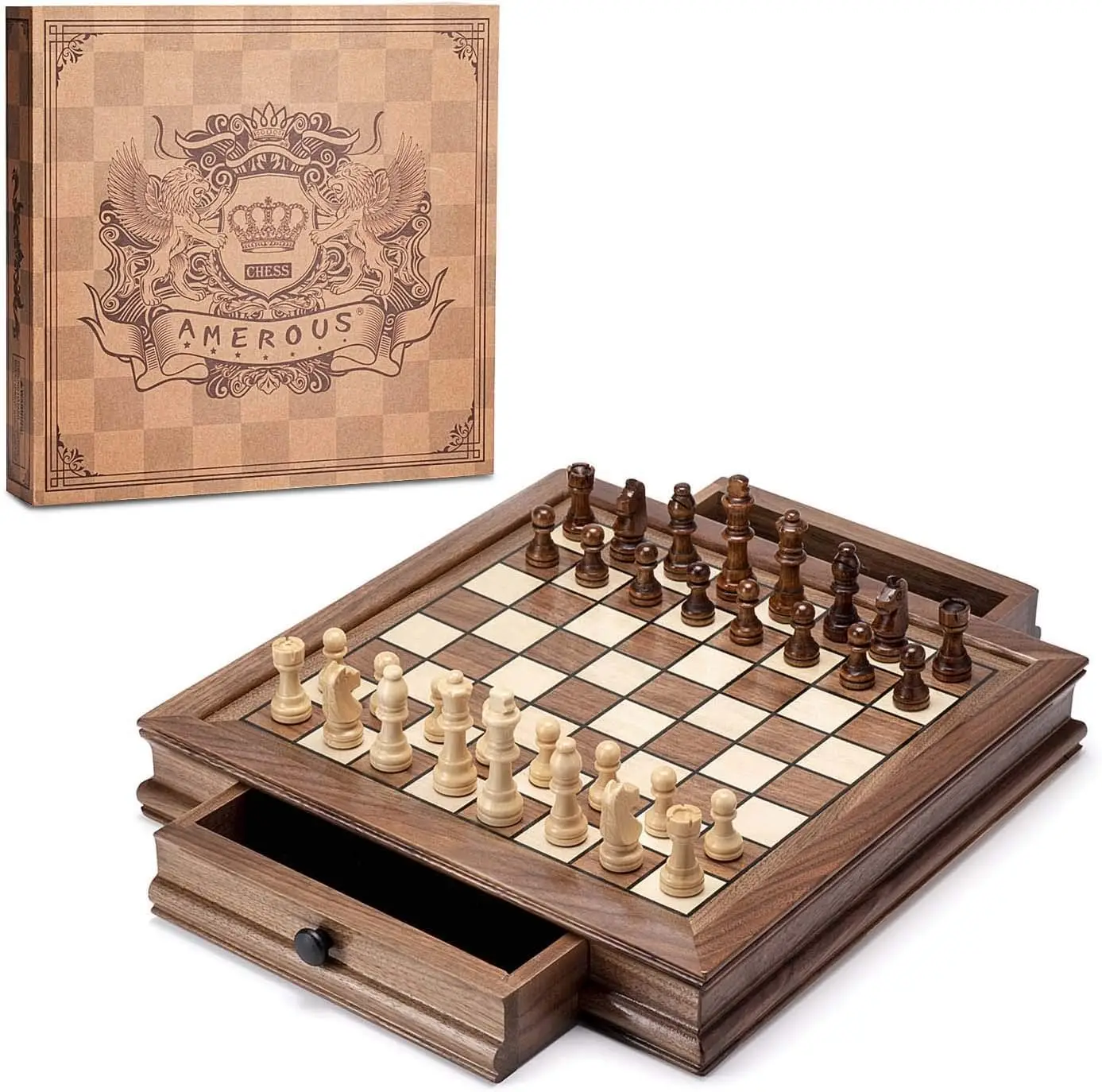 

Magnetic Wooden Chess Set, 12.8" x 12.8" Walnut Board with 2 Storage Drawers, 2 Extra Queens, Beginner to Adult