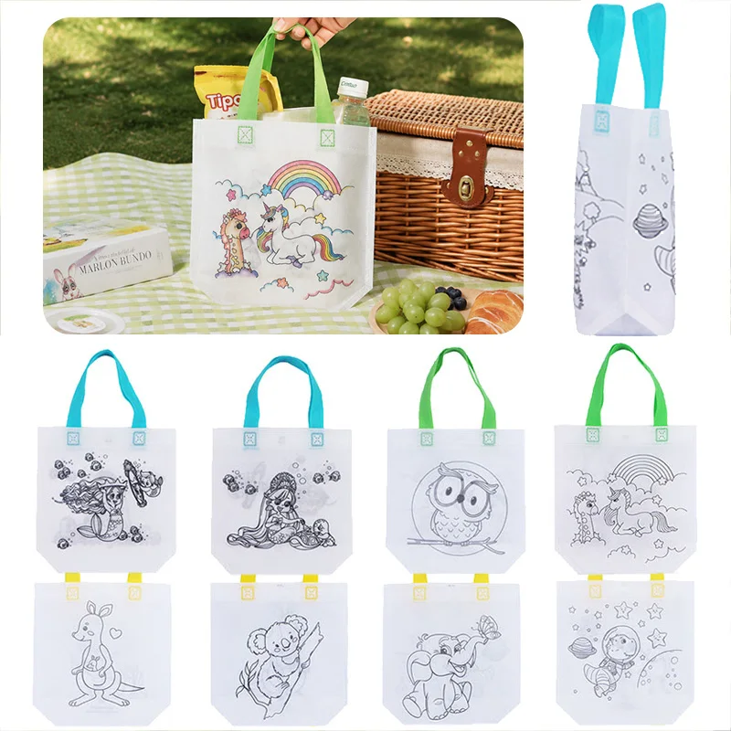 Blank Line Drawing Coloring Tote Bag DIY Hand Painting Non-woven Handbag Reusable Shopping Bag For Art Creation Handcraft TMZ