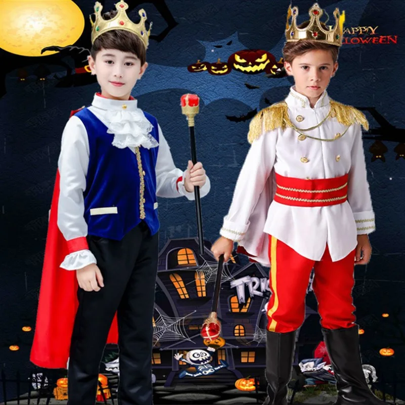 Kids Prince Costume Medieval King Cosplay Outfits Jacket Pants With Cape Crown Sets Kids Halloween Party Costumes