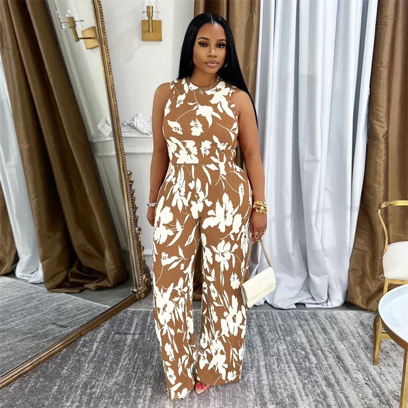พิมพ์ดอกไม้ 2 ชิ้นชุดผู้หญิงฤดูร้อนชุด O-คอด้านบนและกางเกงขากว้างเอวสูงชุดการจับคู่ Conjunto Mujer