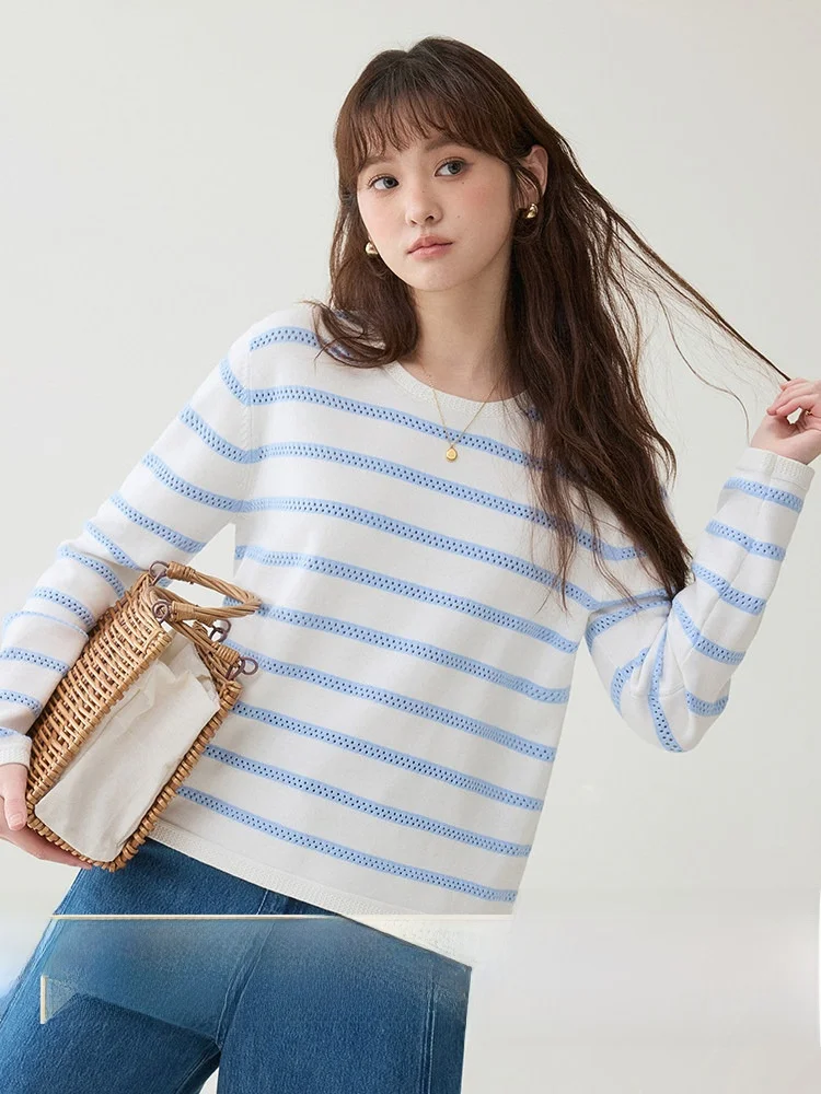 

AMUU Original Striped Hollow Knitted Sweater Women's Long Sleeve Spring New Design Sense Hollow out Knitwear Casual Style
