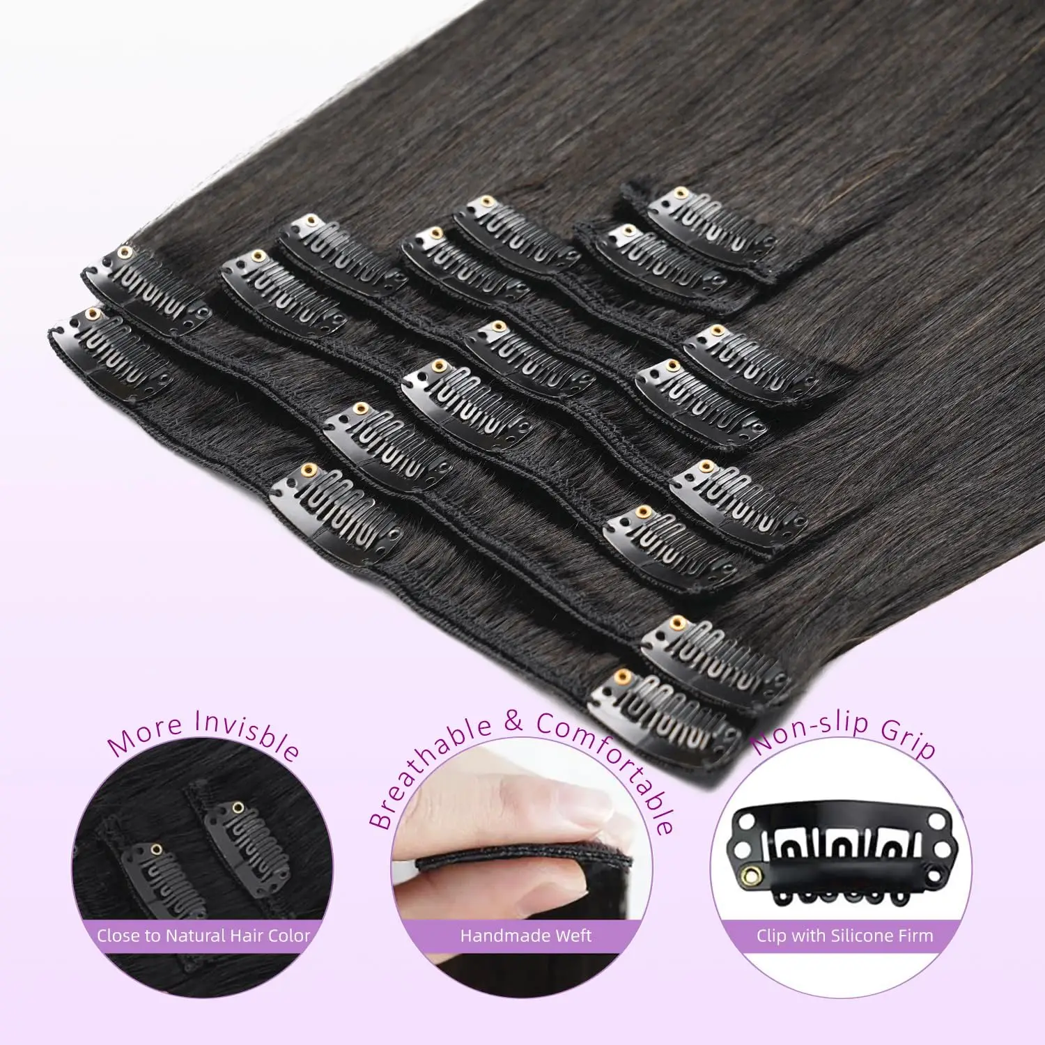 Ekstensi Rambut Clip-in Rambut Asli Manusia, 100% Ekstensi Rambut Remy Brasil untuk Wanita, 1B Hitam Alami 8Pcs Per Set