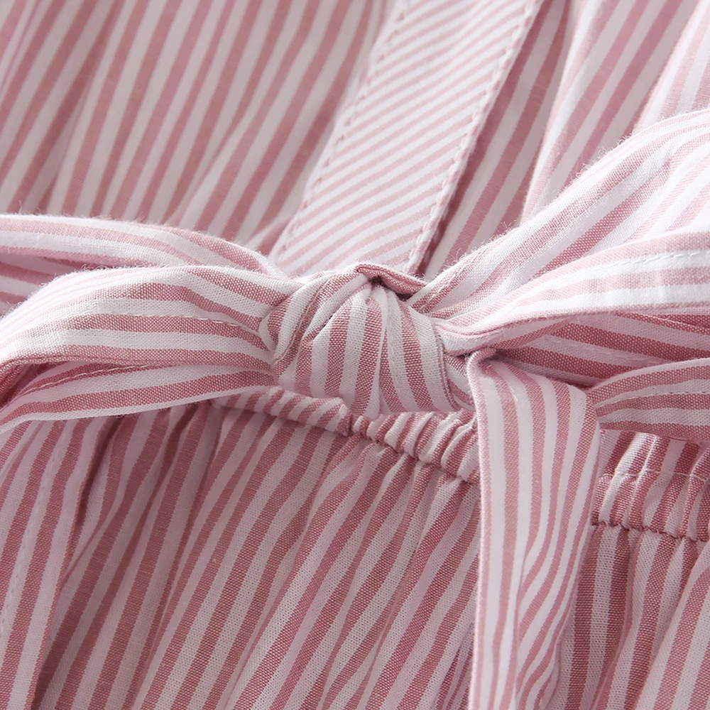 Doce rosa listrado camisa vestido para mulher outono fino manga cheia a linha vestidos casuais de cintura alta rendas vestidos de comprimento médio