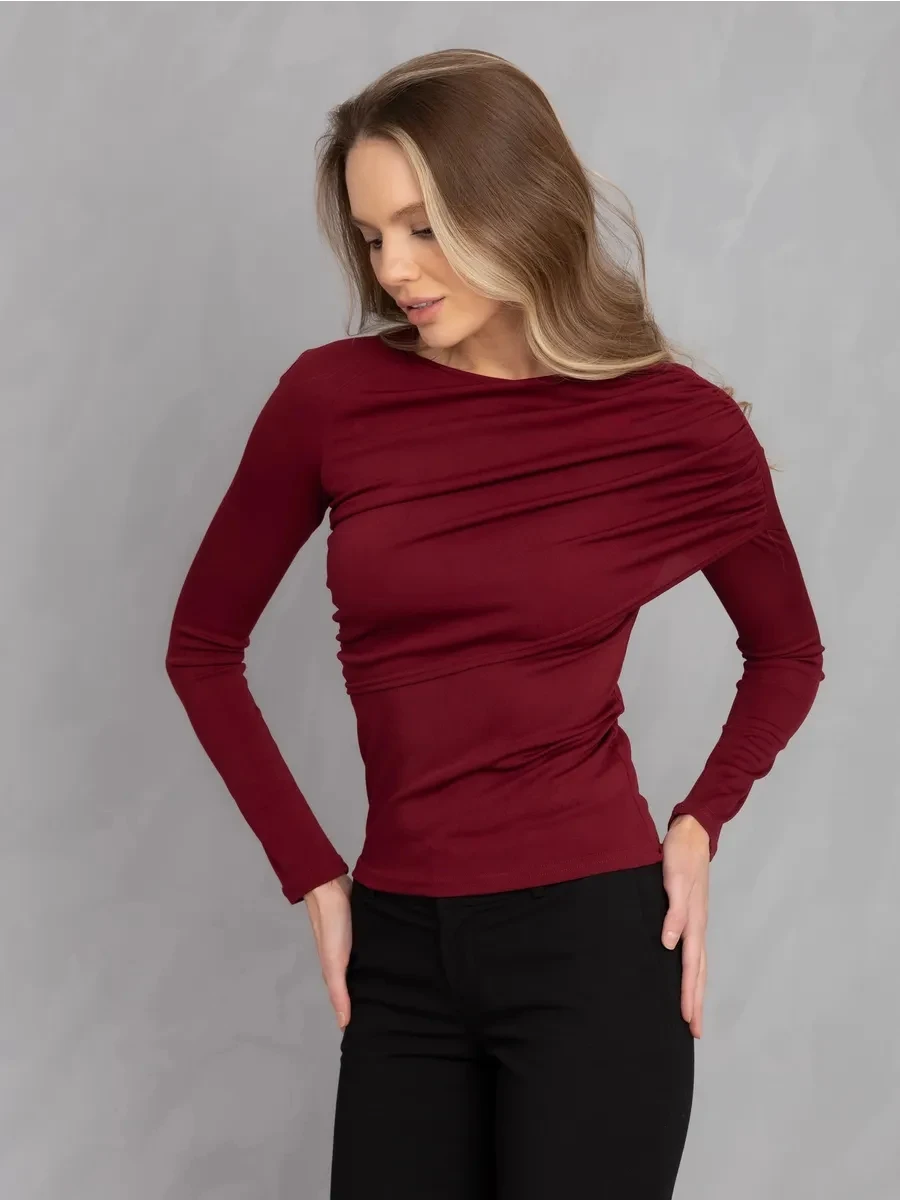 Women's Trendy Long sleeve fitted with draping Blouse Female Design Wrinkles Long Sleeve Top Shirt Tee Blouse