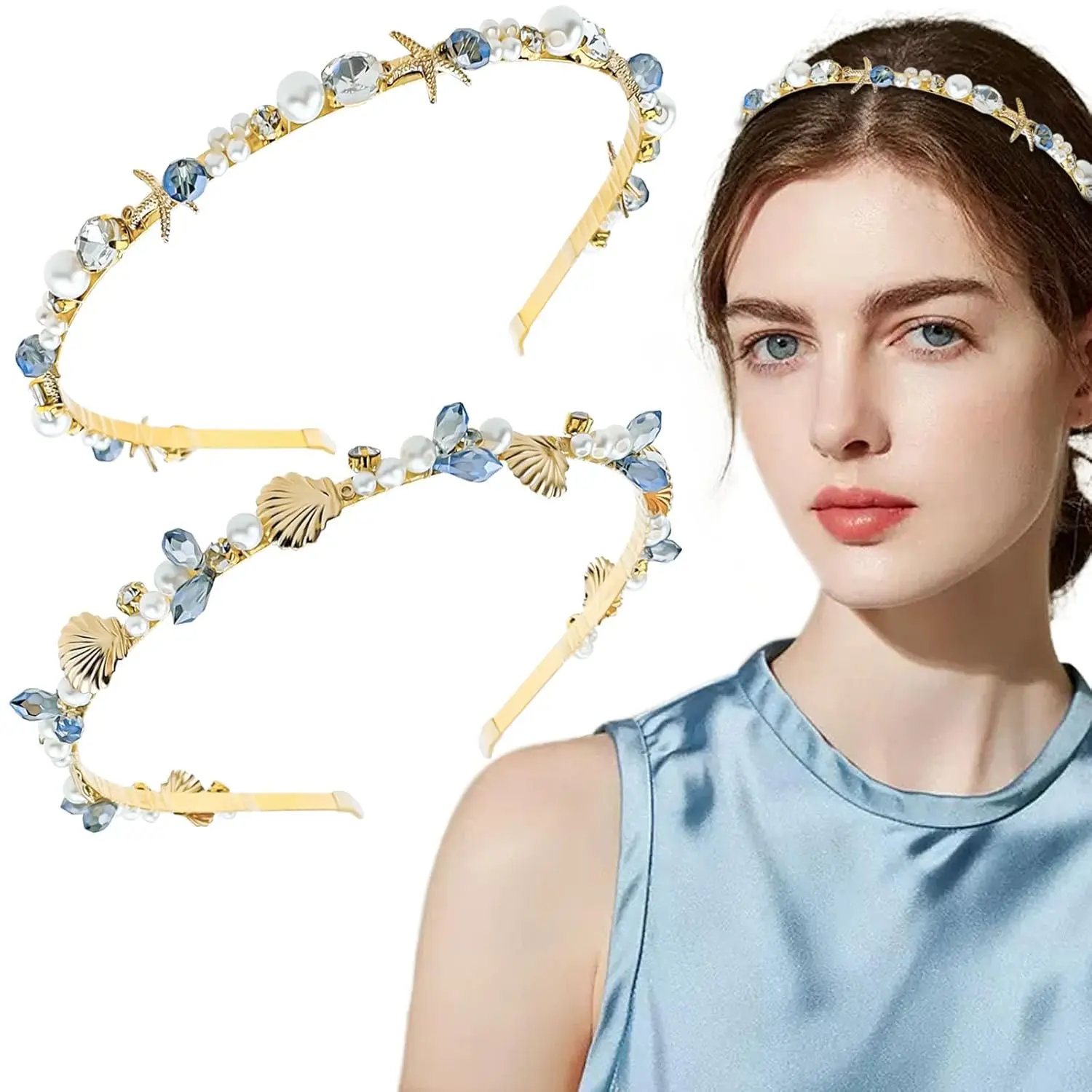 Aswewamt 2 Diademas de Sirena con Conchas Marinas y Estrellas de Mar, Diademas de Perlas y Cristales de Imitación, Aros para el Cabello de Aleación, Accesorios Elegantes para el Cabello de Novia, para la Playa, para Mujeres y Niñas