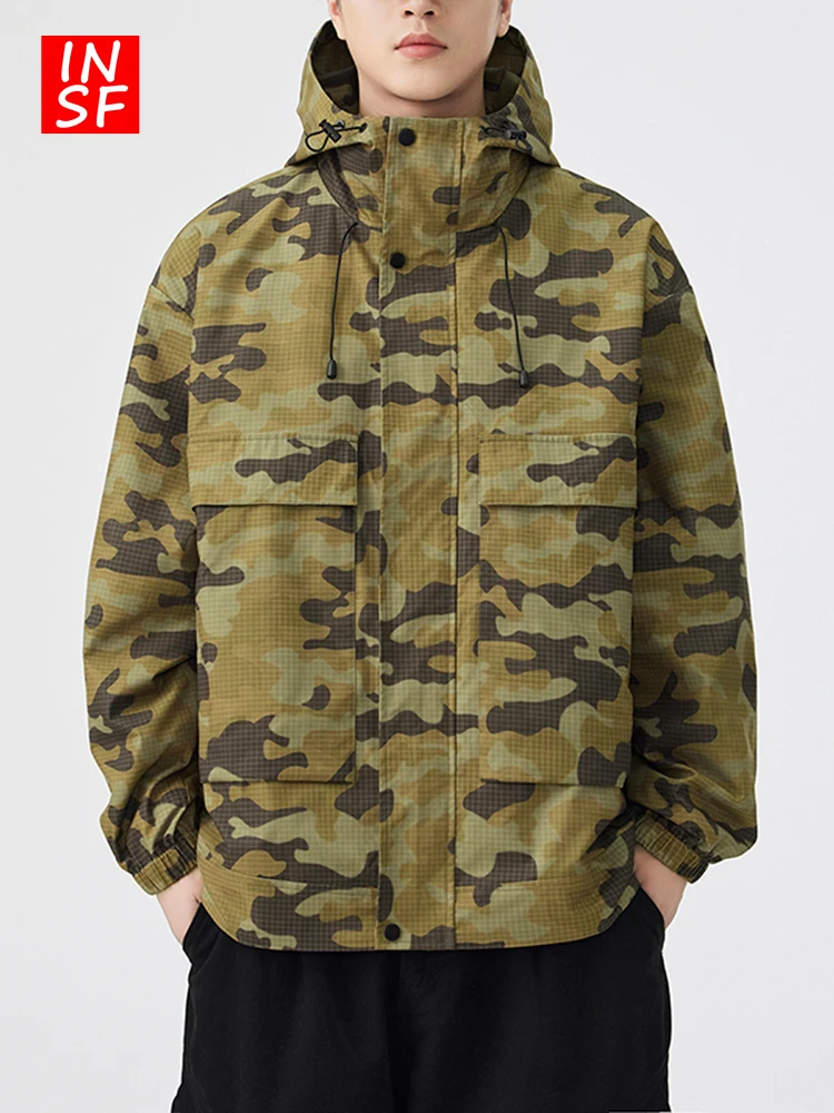 

American Retro Camouflage Hooded Jaet Men's Loose Casual Workwear Sle Trendy Polyester Fabric Youth ular Autumn Jaet