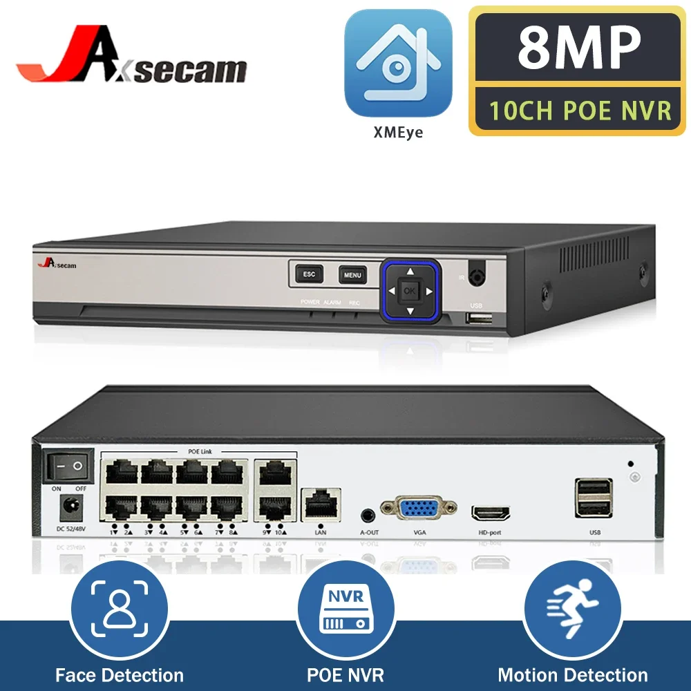 10Ch POE NVR H.265 Xmeye 4K 10Channel wideorejestrator z wykrywaniem twarzy Onvif P2P dla obserwacja IP kamery POE 8MP 5MP