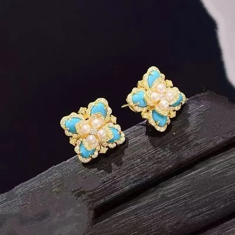 

Серьги из стерлингового серебра 925 пробы с жемчугом и цирконом 5А, синяя бирюза для женщин, изысканные ювелирные изделия, подарки