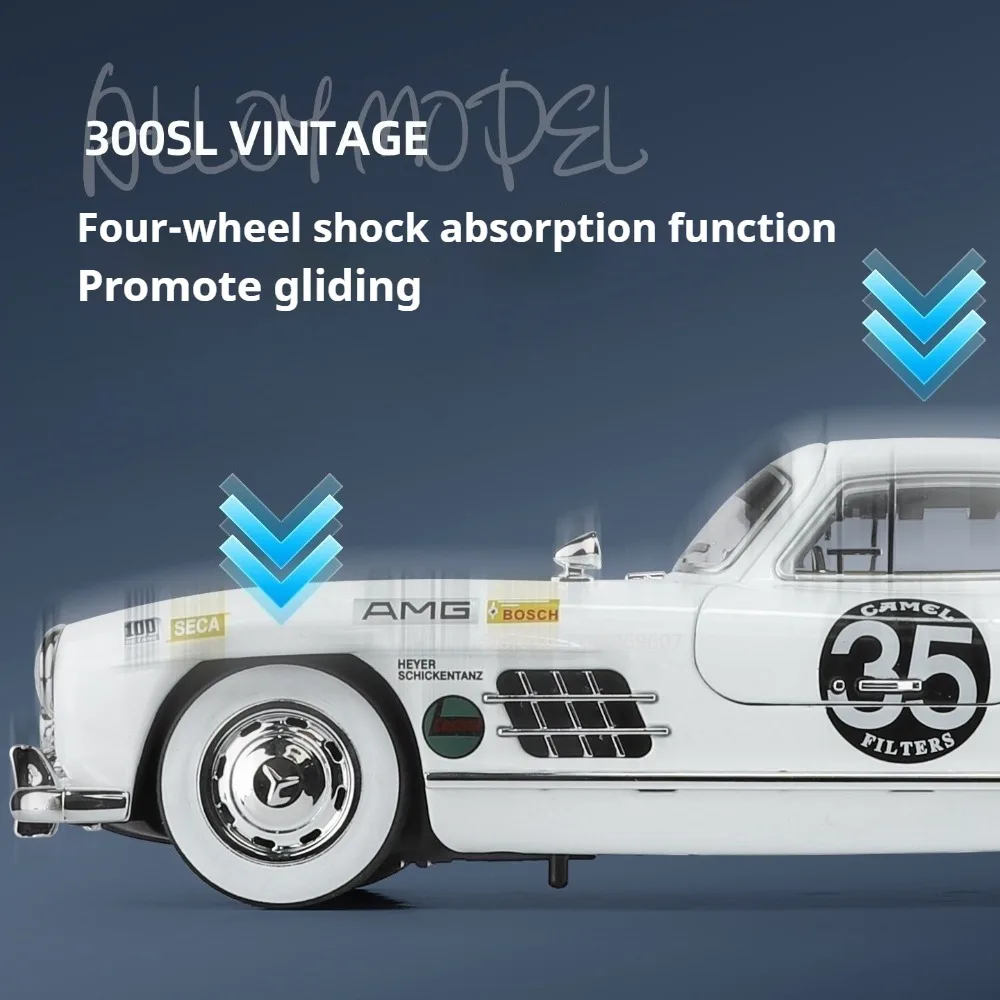 1:18 300sl modelo de brinquedo em miniatura carros vintage liga diecast som luz portas abertas absorção choque para crianças presentes natal