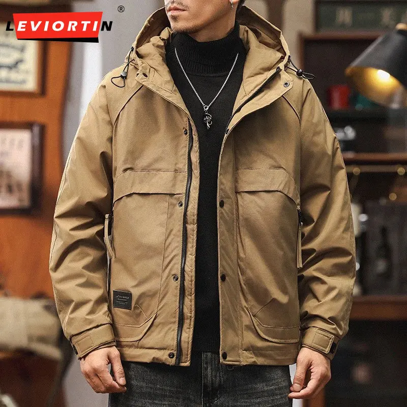 

Fall Winter Men's Thickened Padded Jacket Workwear Outdoor Hooded Coats Loose-Fit Casual Windbreaker Jacket With Cotton Lining