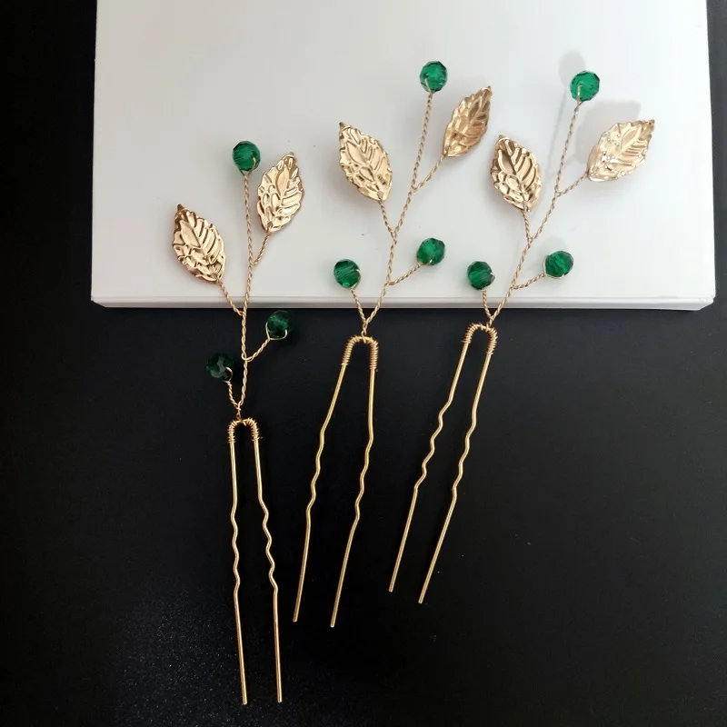 Luxury Gold Leaf Green Flower Hair Pins Set Bridal Wedding Headpieces Princess Hair Accessories Jewelry Holiday Gifts For Women