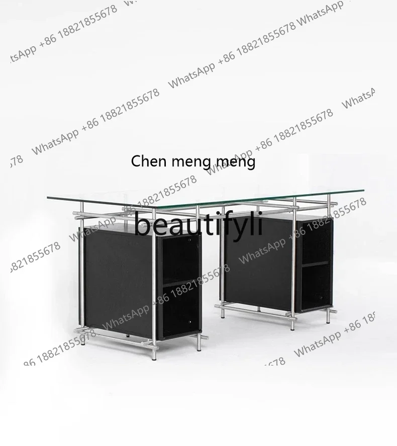 

2003Minimalist tempered glass desk, stainless steel desk long workbench