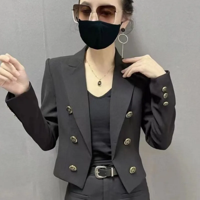 Frühling Herbst Schwarz Blazer frauen Abgeschnitten Jacke Zweireiher Langarm Top Büro Dame Mantel Schlanke Design frauen kleidung