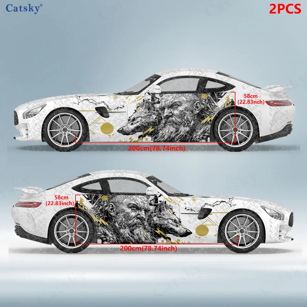 CATSKY.2pcs.Viking Warrior & White Wolf Car Side Decals | Self-Adhesive PVC Waterproof & Scratch-Resistant Stickers, Fashionable