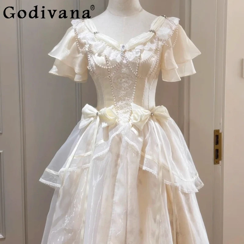 Summer Japanese Lolita Princess Dress Women Waist Cinching Heavy Craft Slimming Dress Female New Birthday Party Long Dress