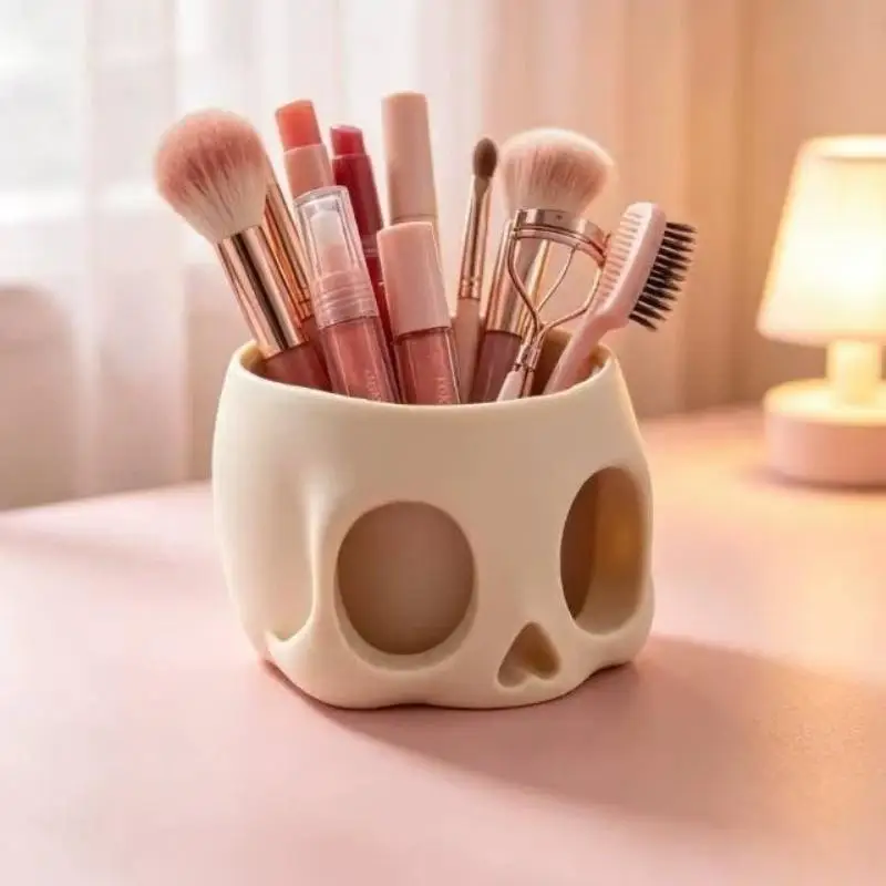 Retro Art Skull Shaped Pen Pencil Holder Home Office Desk Makeup Supplies Office Organizer Accessory Prop