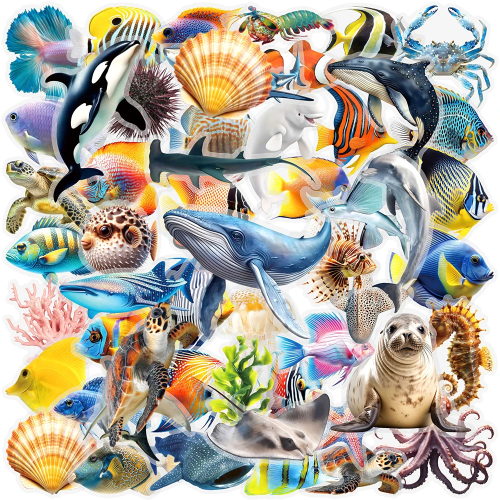 10/30/50pcs Marine Life Cartoon Transparent Stickers Sea Turtle Shell Fish Graffiti Decal for Luggage Guitar Laptop Cool Sticker