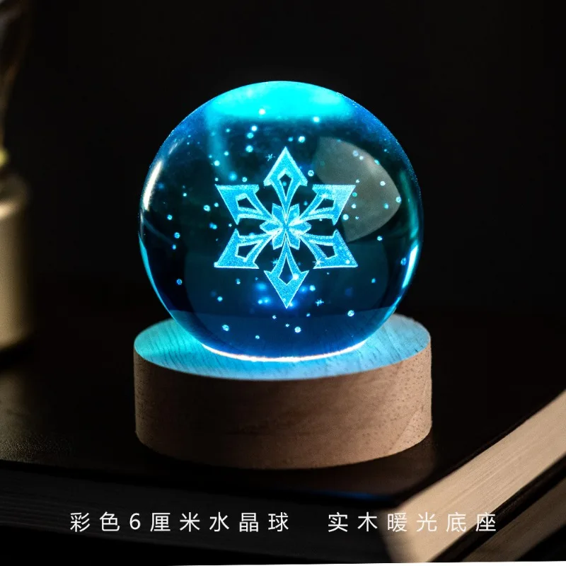 2026 New Genshin Impact 6cm 4cm Crystal Ball Night Light, 3D Engraved Seven Elements, Desktop Decor Atmosphere Lamp