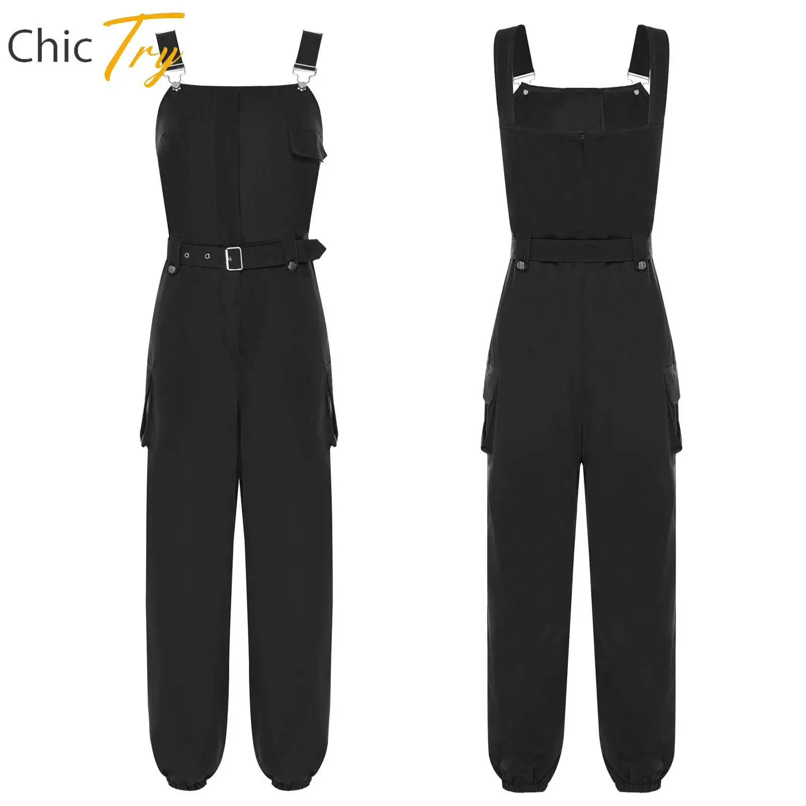 

Womens Fashion Flap Pockets Cargo Jumpsuit with Belt Adults Sleeveless Overalls for Sports Workout Beach Party Casual Daily Wear