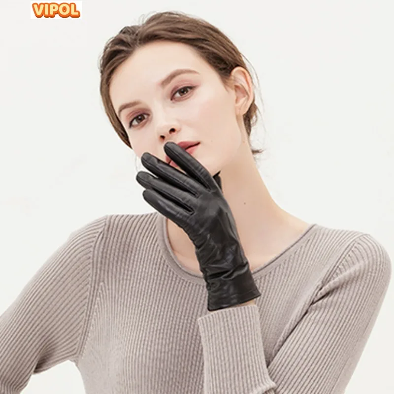 Sheepskin gloves solid color versatile modification hand type windproof velvet gloves women's gift