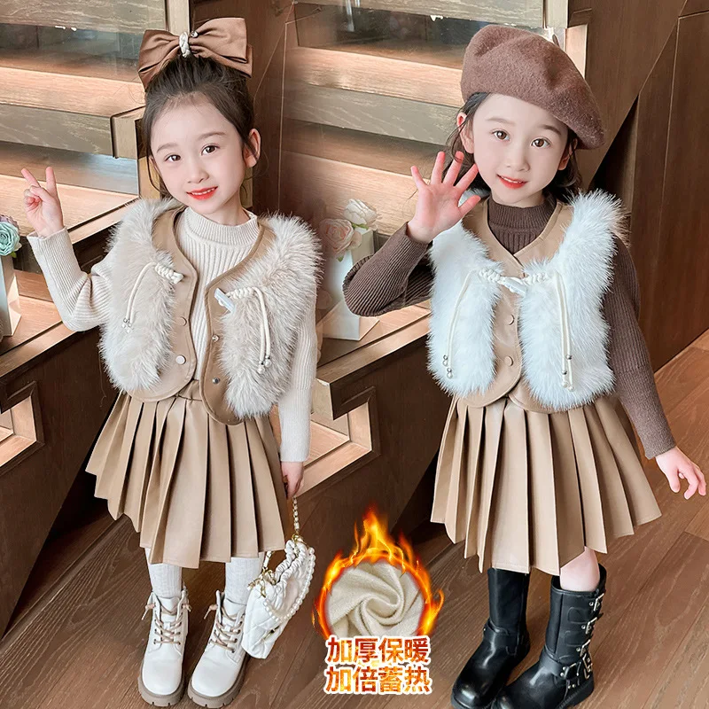 

Kawaii модный утепленный свитер для девочек, жилет, комплект с юбкой, студенческий зимний повседневный теплый топ, пальто, комплект из трех предметов, детская одежда